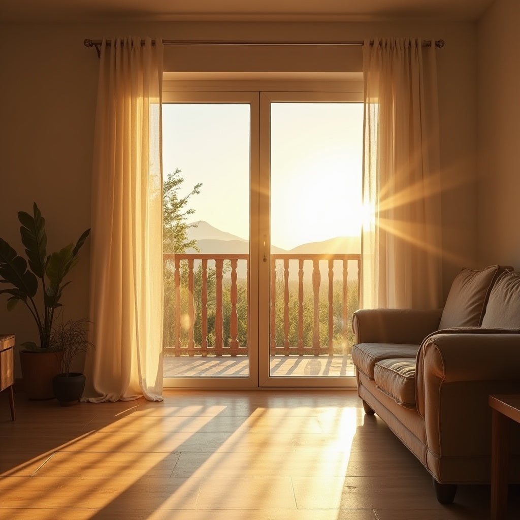 Ein sizilianisches Wohnzimmer mit geöffneten Fensterläden, durch die helles Sonnenlicht fällt – aber die Fenster sind mit Folie beschichtet. Man sieht die Reflexion der Sonne auf der Scheibe, aber der Raum bleibt kühl und schattig.