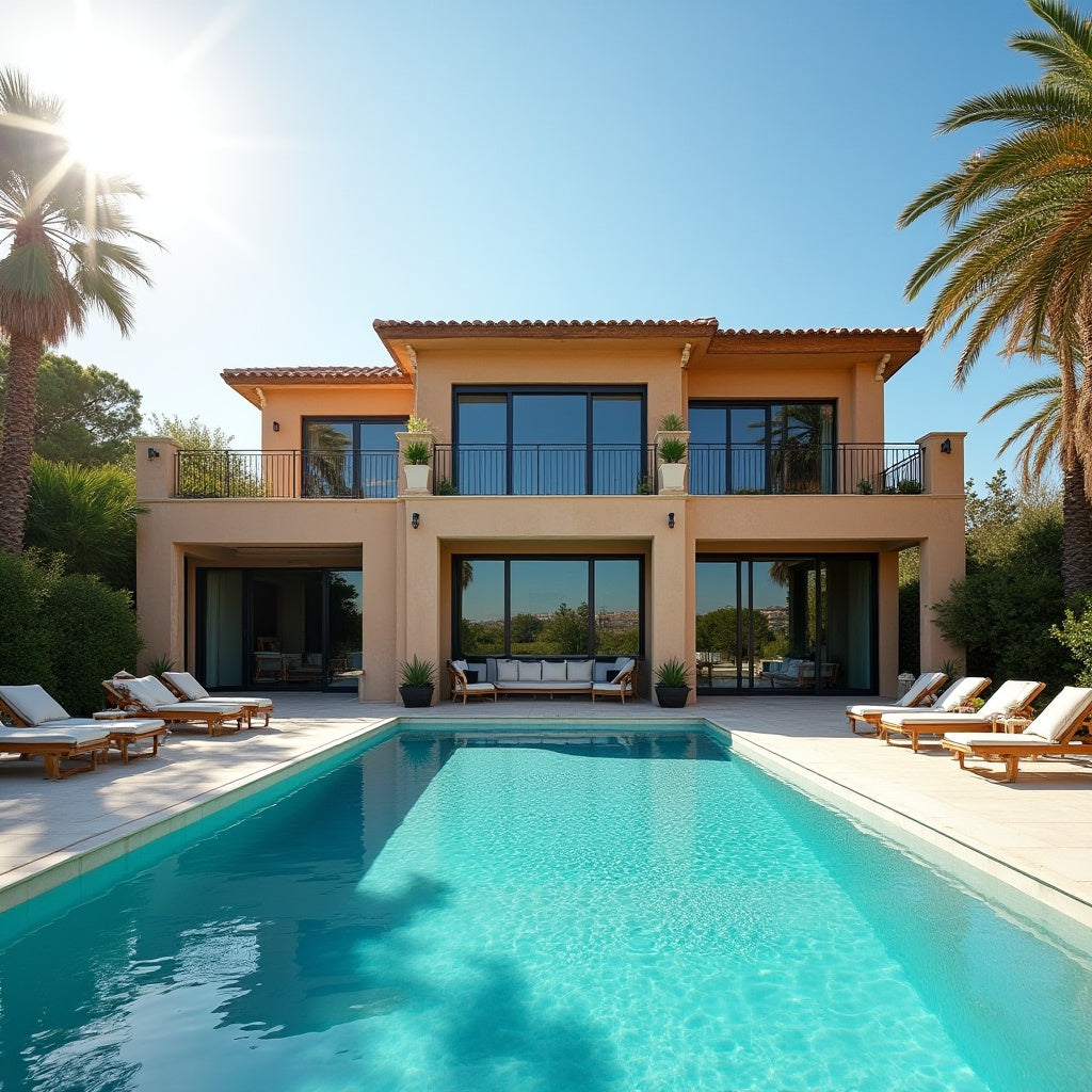 Sizilianische Villa mit dunkler Fensterfront durch Sonnenschutzfolie, Pool im Vordergrund, mediterrane Architektur bei starker Sonne.