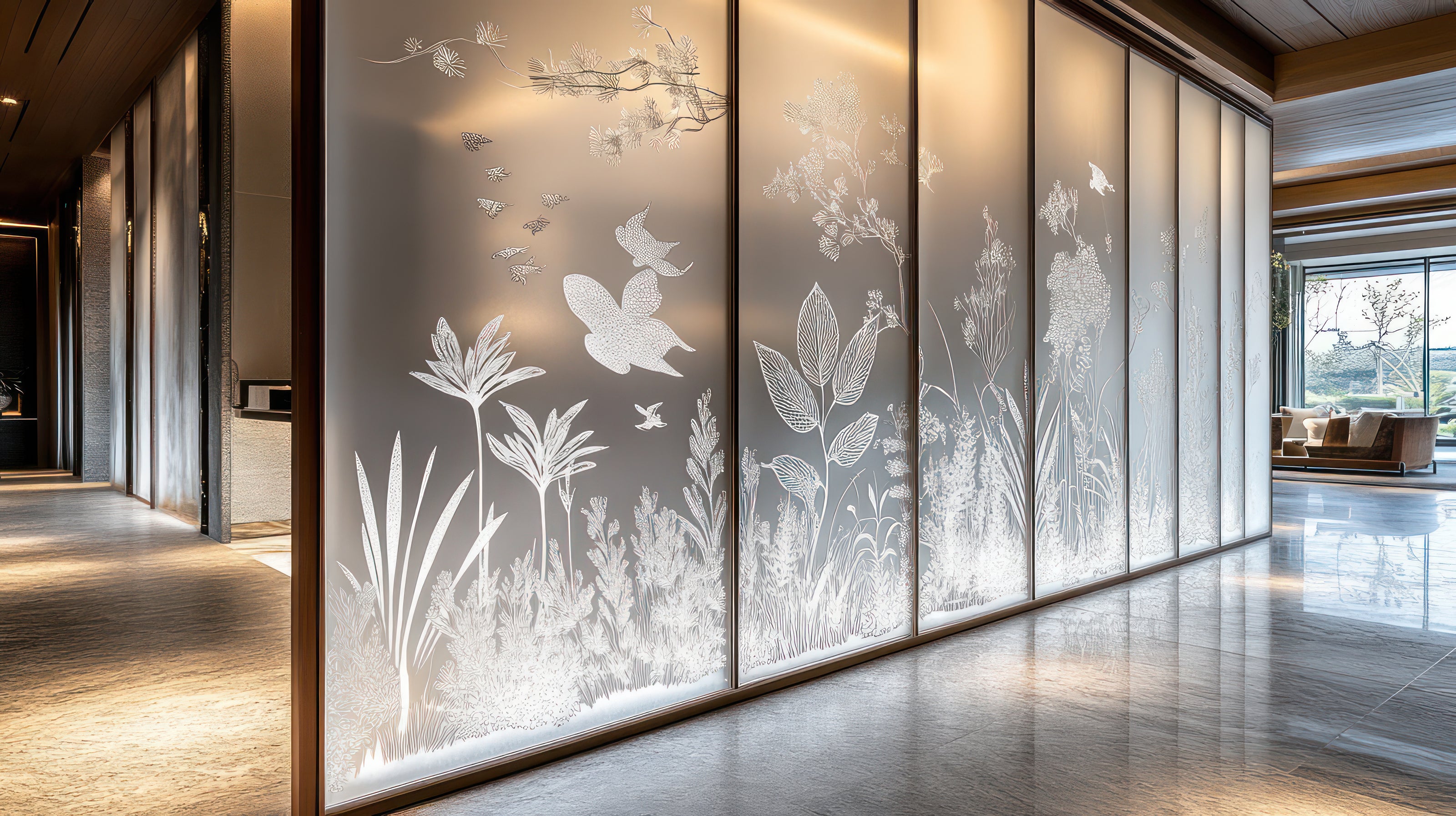 Dekorative Glaswand mit weißlich geätzten Naturmotiven – Gräser, Blumen und Vögel – kunstvoll beleuchtet von hinten. Die Szene vermittelt Ruhe und Eleganz, ideal für stilvolle Innenräume mit Naturbezug.